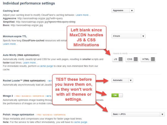 CloudFlare Performance Settings