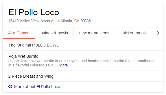 Example of Restaurant Menu Appearing in Knowledge Graph