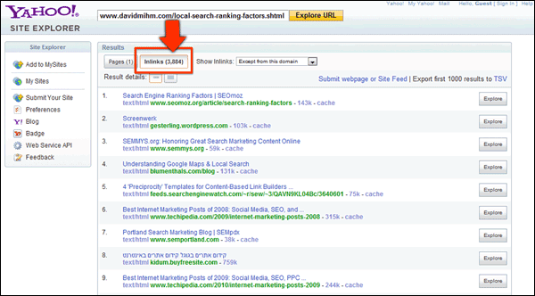 Screenshot of Yahoo! Site Explorer Data