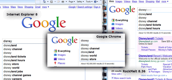 Screenshot of Three Browsers and Results