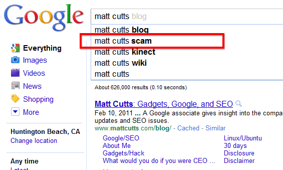Google SERPS with Matt Cutts Scam Appearing