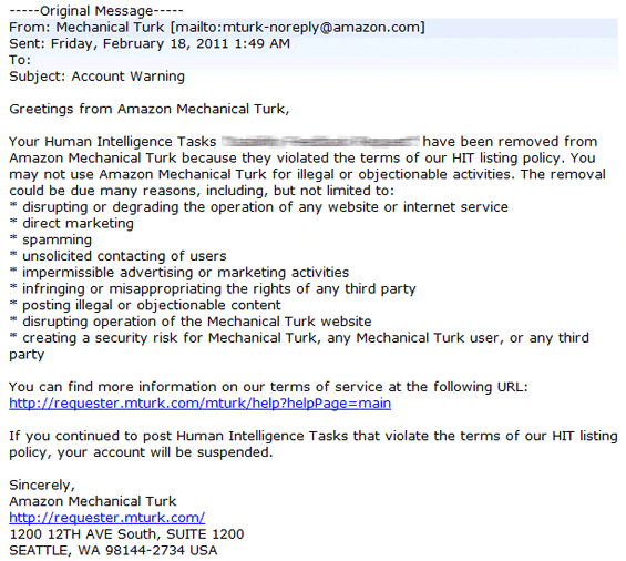 Screenshot of Mechanical Turk Warning Message